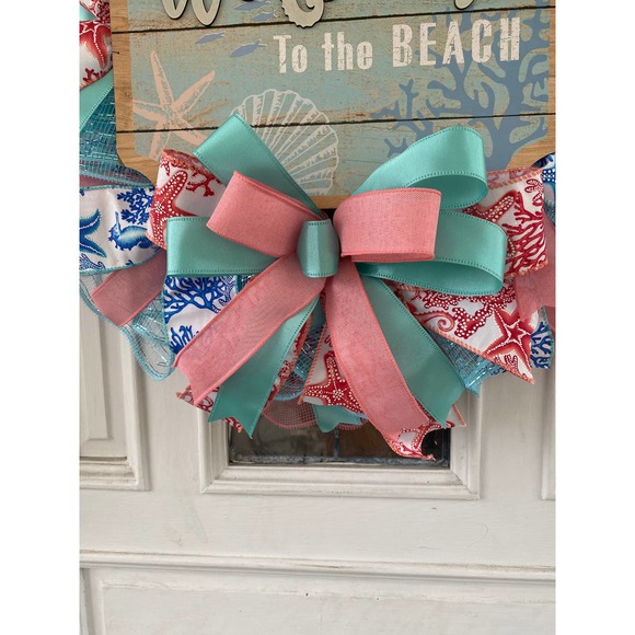 Welcome to the Beach Seahorse Deco Mesh Ribbon Wreath Door Hanger Home Decor - Picture 5 of 8